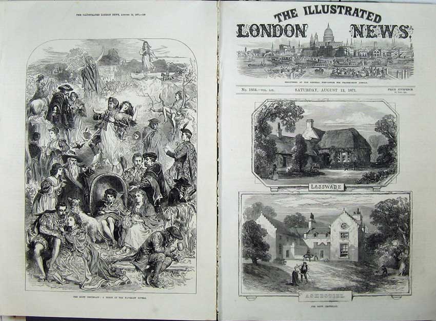 Antique Old Print 1871 Waverley Novels Scott Centenary Lasswade Ashestiel 19th