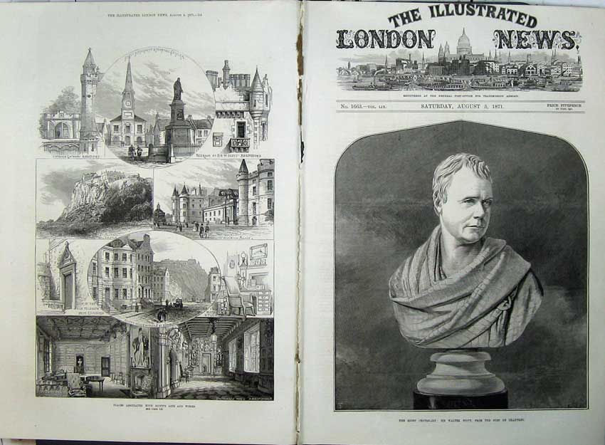 Old Antique Print 1871 Bust Sir Walter Scott Scott Stirling Holyrood Art 19th