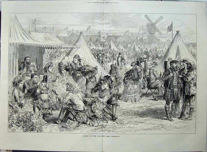 Old Antique Print 1871 Evening Volunteer Camp Ta Army Wimbledon Windmill 19th