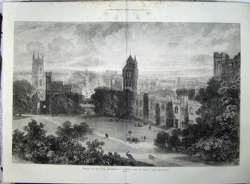Old Antique Print 1871 Royal Archaeological Institute Cardiff Castle Art 19th