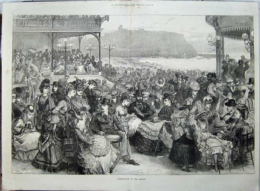 Antique Old Print 1871 Scarborough Beach Families Sea Music Band Fine Art 19th