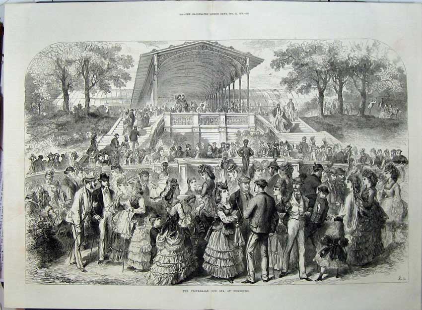 Old Antique Print 1871 Fine Art Trinkhalle Spa Hombourg Families Country 19th