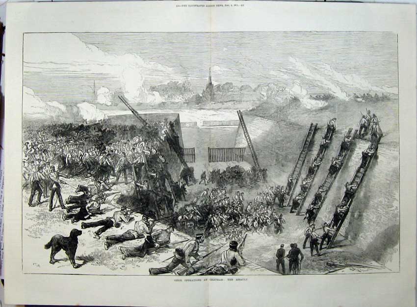 Old Antique Print 1871 Siege Operations Chatham Army Rifles Men Ladders 19th