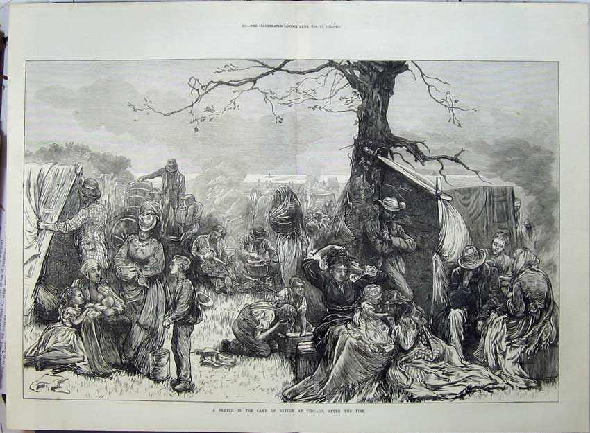 Antique Old Print 1871 Camp Refuge Chicago Fire America Families Fine Art 19th