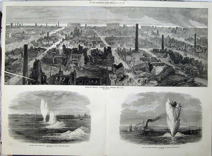 Old Antique Print 1871 Ruins Chicago Chatham Siege Operations Medway Art 19th