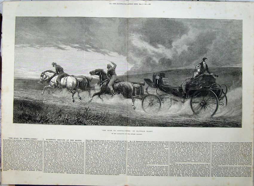 Original Old Antique Print 1871 Horse Coach Man Woman Gretna Green Eloping Art