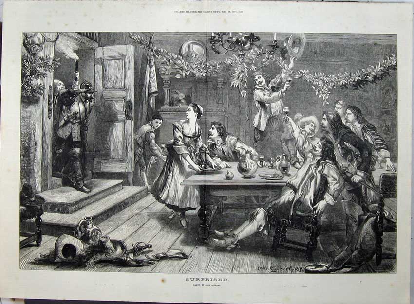 Original Old Antique Print 1871 Fine Art Men Women Party Policeman Gilbert