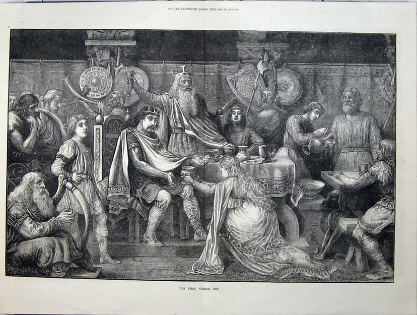 Original Old Antique Print 1871 Fine Art First Wassail Cup Men Women Party