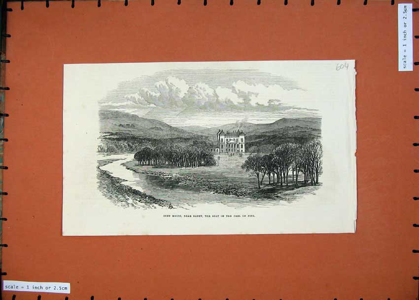 Original Old Antique Print 1871 Duff House Banf Scotland Earl Fife Hills Trees