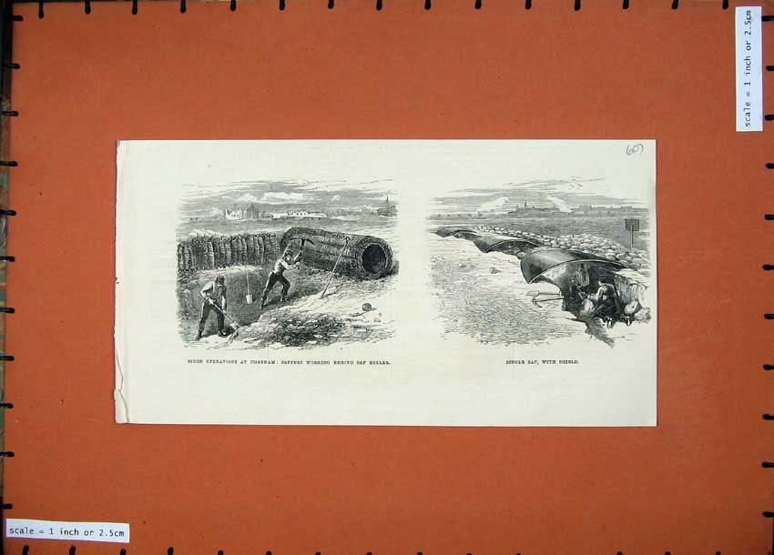 Old Antique Print 1871 Siege Operations Chatham Sap Roller Sappers Shield 19th