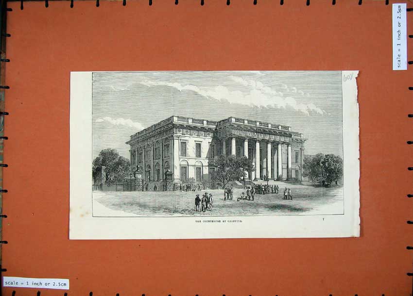 Original Old Antique Print 1871 Architecture Courthouse Calcutta Garden 19th