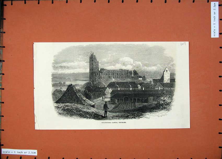 Original Old Antique Print 1871 Fine Art Kinghus Castle Denmark Architecture