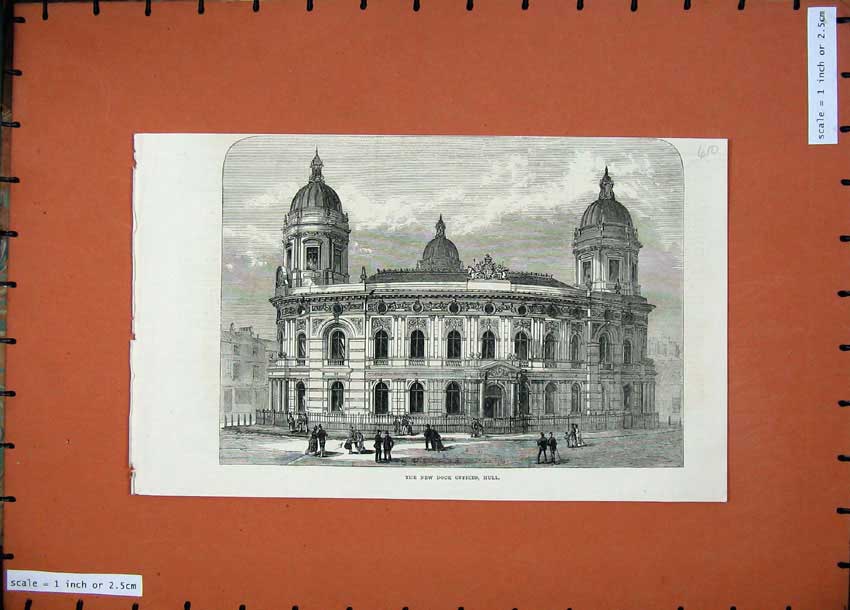 Original Old Antique Print 1871 Architecture New Dock Offices Hull England 19th