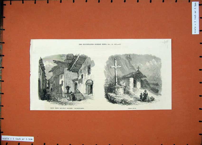 Original Old Antique Print 1871 Mont Cenis Railway Salbertrand Cross House Oulx