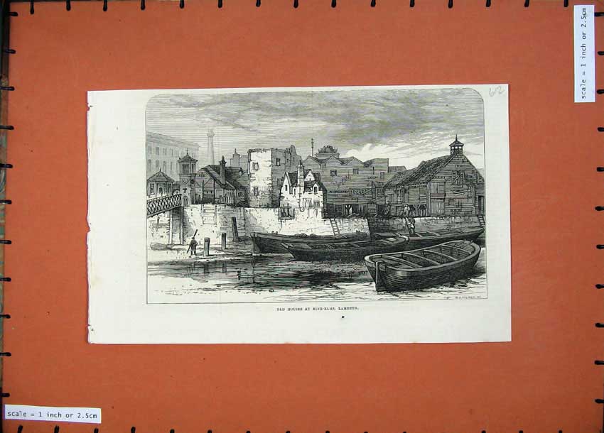 Original Old Antique Print 1871 View Houses Nine Elms Lambeth Boat Fine Art