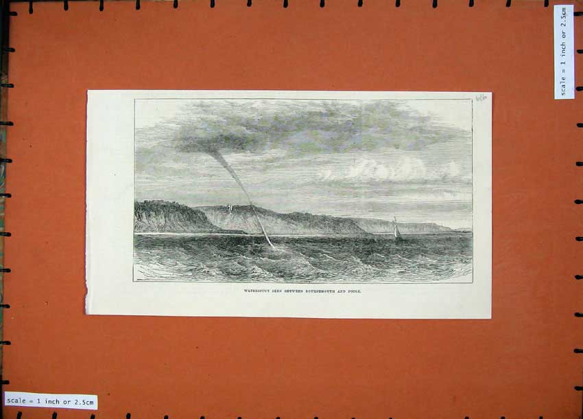 Original Old Antique Print 1871 Waterspout Bournemouth Poole Sea Yacht Cliffs