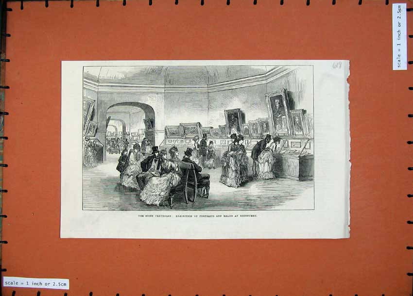 Old Antique Print 1871 Scott Centenary Exhibit Portraits Relics Edinburgh 19th