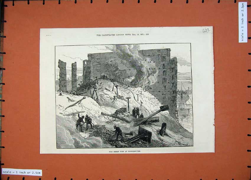 Original Old Antique Print 1871 Scene Great Fire Rotherhithe Fire-Men Buildings