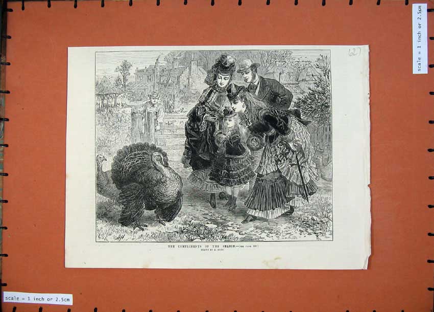 Original Old Antique Print 1871 Christmas Season Turkey Garden Children Parents