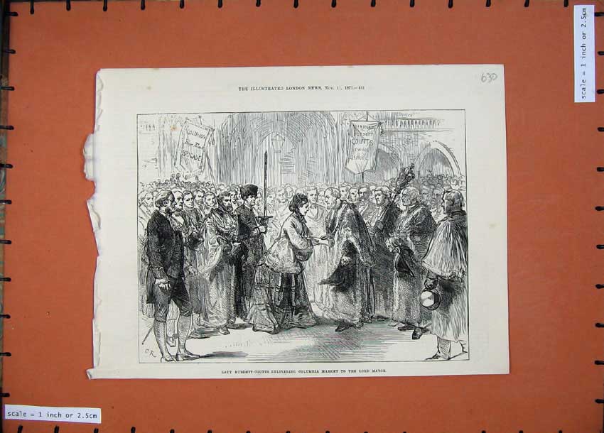 Original Old Antique Print 1871 Lady Burdett-Coutts Columbia Market Lord Mayor