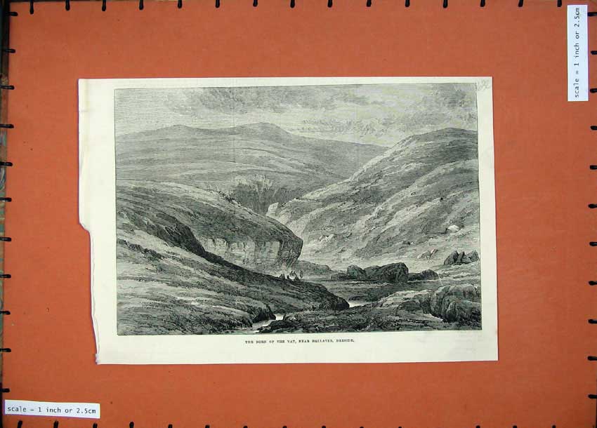 Old Antique Print 1871 Fine Art Burn Vat Ballater Deeside Scotland Hills 19th