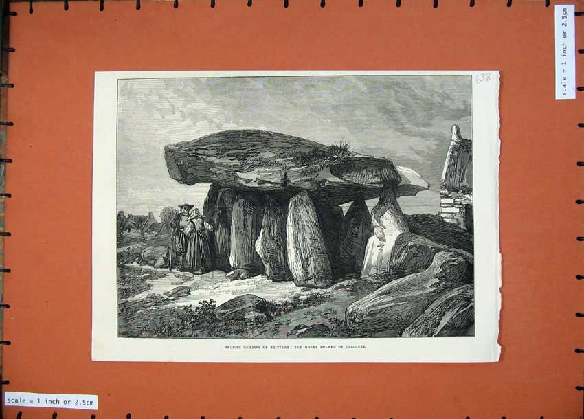 Old Antique Print 1871 Druidic Remains Brittany Great Dolmen Corconne Art 19th