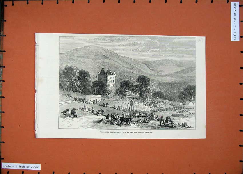 Original Old Antique Print 1871 Scott Centenary Fete Newark Castle Selkirk 19th