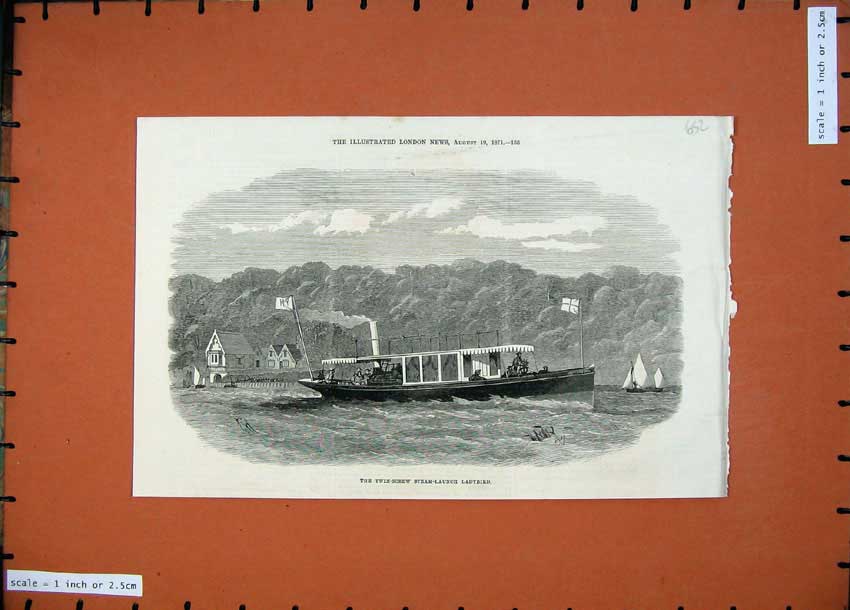 Old Antique Print 1871 Twin-Screw Steam Lauch Boat Ladybird River Trees 19th
