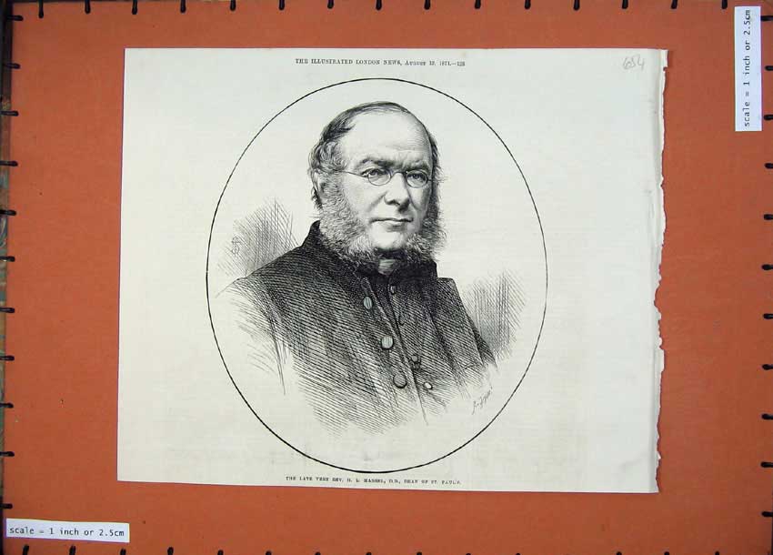 Original Old Antique Print 1871 Portrait Rev. Mansel Dean St Pauls Cathedral