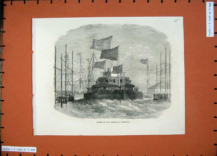 Old Antique Print 1871 Launch H.M.S Cyclops Sailing Ships Blackwall Art 19th