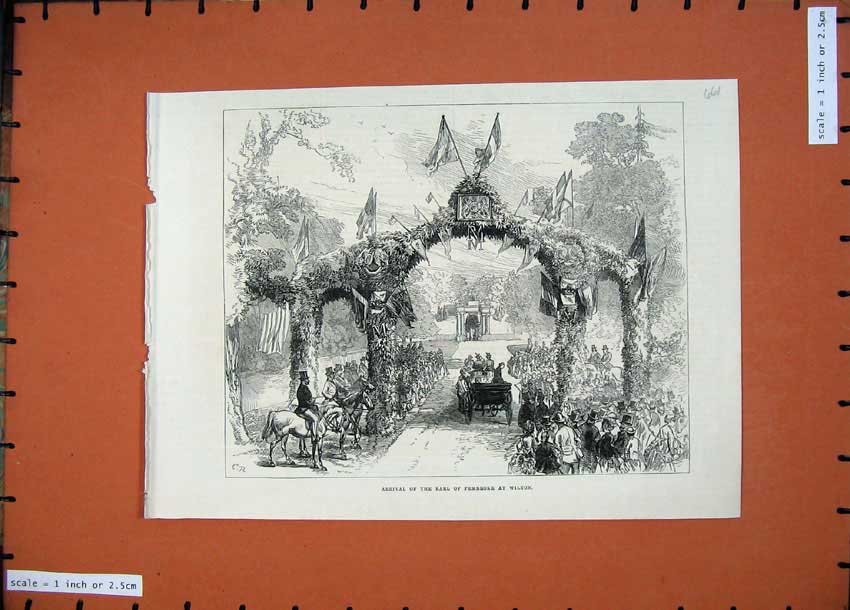 Old Antique Print 1871 Arrival Earl Pembroke Wilton Horse Carriage Arch 19th