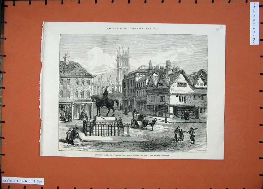 Old Antique Print 1871 Queen Square Wolverhampton Statue Prince Consort 19th