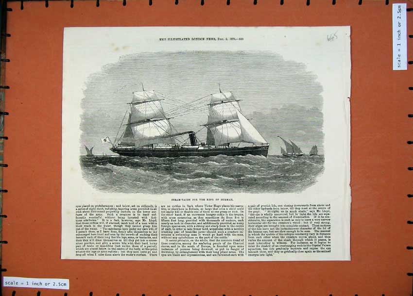 Original Old Antique Print 1871 Steam Yacht Sailing Ship King Burmah Sea Boat