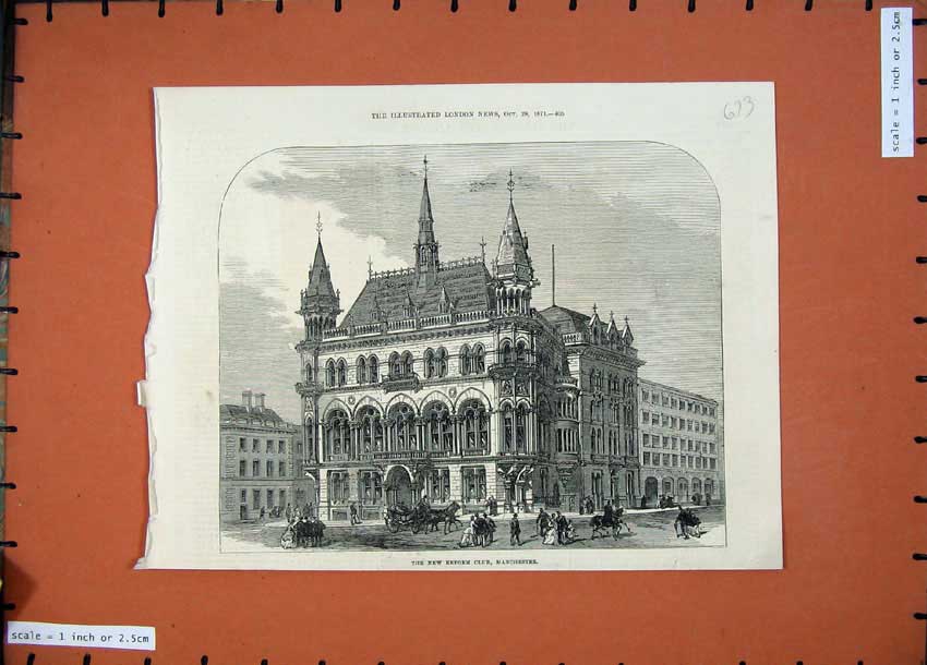 Old Antique Print 1871 Architecture New Reform Club Manchester Building 19th
