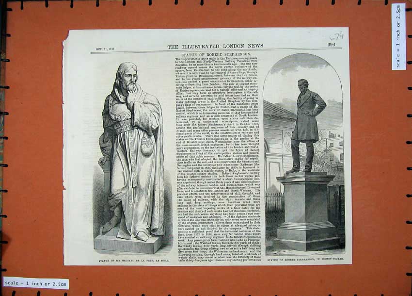 Old Antique Print 1871 Statue Michael Pole Hull Robert Stephenson Euston 19th