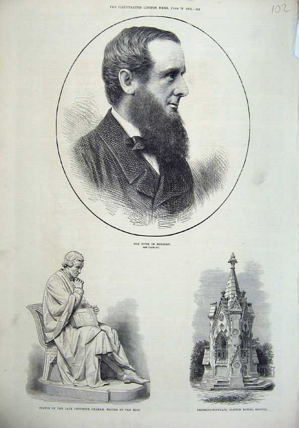 Old Antique Print 1872 Duke Bedford Statue Graham Mint Fountain Bristol 19th