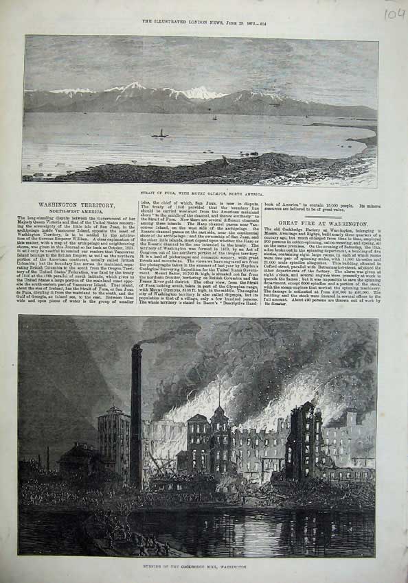 Old Antique Print 1872 Strait Fuca Mount Olympus Cockhedge Warrington Art 19th