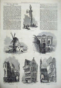 Old Antique Print 1872 Antwerp Windmill Fortifications Prison Houses Pump 19th
