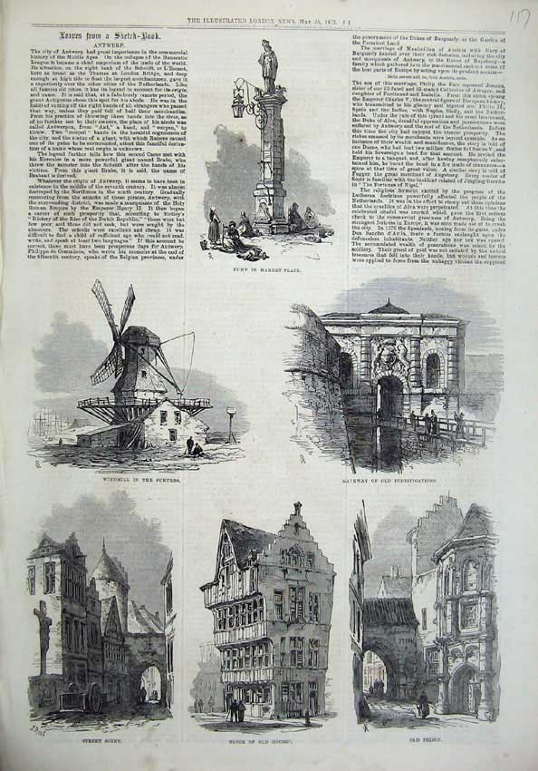 Old Antique Print 1872 Antwerp Windmill Fortifications Prison Houses Pump 19th