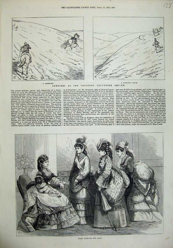 Original Old Antique Print Paris Fashion 1872 Brighton Volunteer Ta Review 19th
