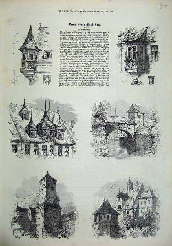 Original Old Antique Print Nuremberg 1872 Houses Buildings Architecture Read