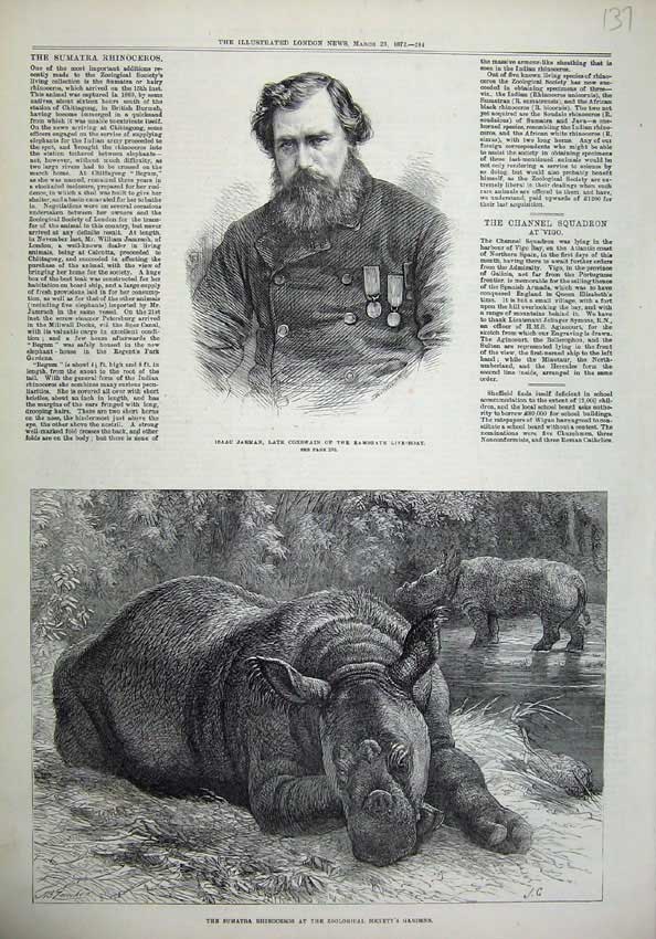 Old Antique Print 1872 Isaac Jerman Coxswain Life-Boat Sumatra Rhinoceros 19th