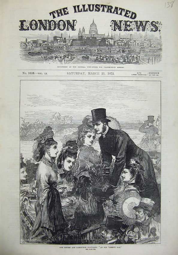 Original Old Antique Print 1872 Oxford Cambridge Boat Race Sport Varsity Oar
