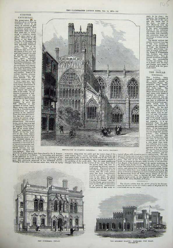 Old Antique Print 1872 Chester Cathedral Townhall Poplar Barracks Blair 19th
