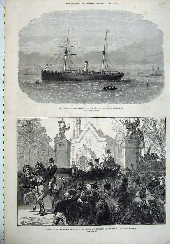 Original Old Antique Print 1872 Screw Steamer Abydos Livingstone Windsor Horse
