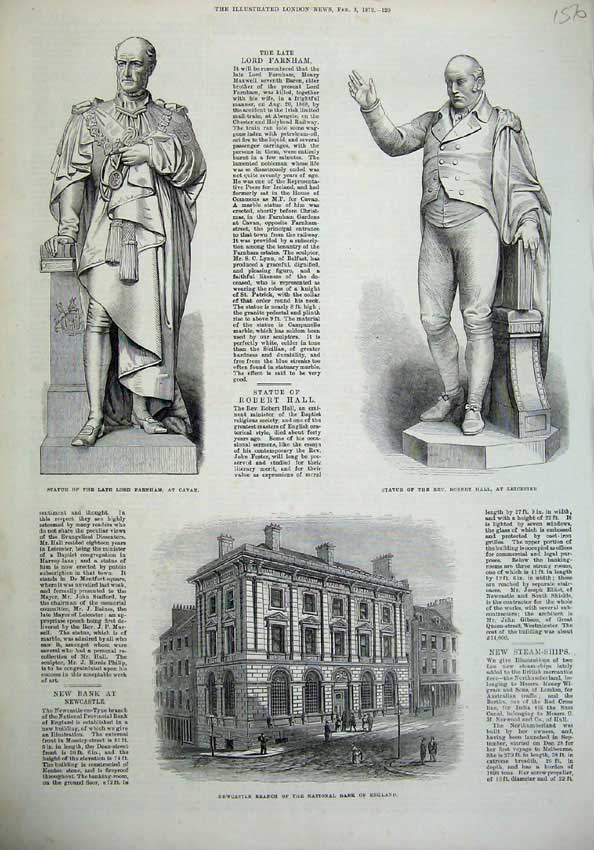 Old Antique Print 1872 Statue Farnham Cavan Hall Newcastle Bank England 19th