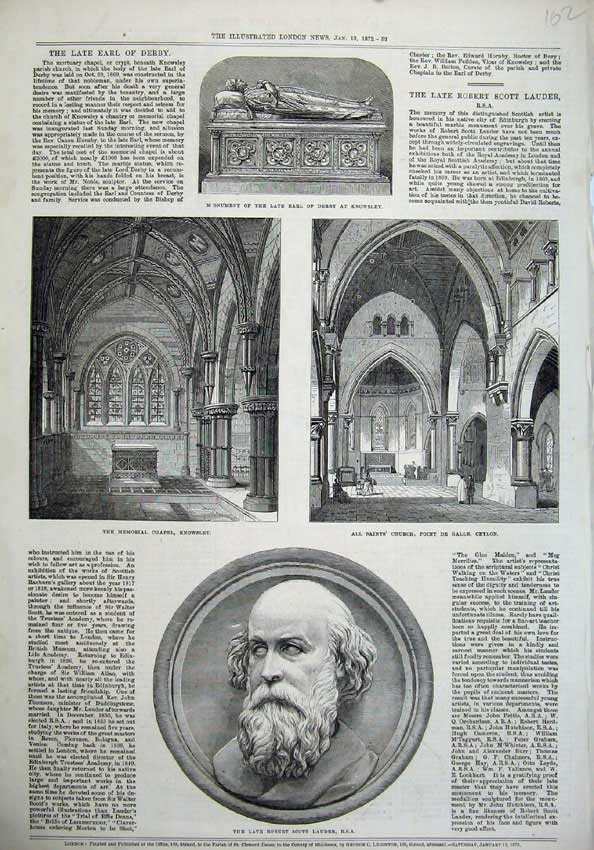 Old Antique Print 1872 Robert Lauder Church Ceylon Chapel Knowsley Derby 19th