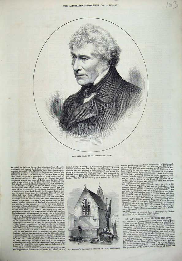Old Antique Print 1872 Man Earl Ellenborough Waterside Church Gravesend 19th