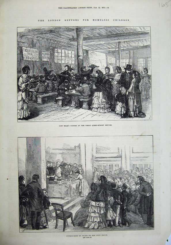 Old Antique Print 1872 Homless Children Refuges Dinner Lord Mayor Prizes 19th
