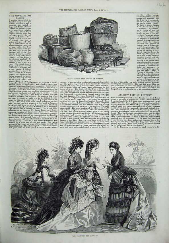 Old Antique Print Paris Fashion France Ancient British Urns Sunbury 1872 19th